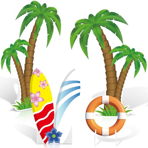 Image of 4 Pcs Hawaiian Party Decorations Set, Palm Tree Surfboard Swimming Ring Cardboard Cutout with Sturdy Bases for Tropical Luau Beach Themed Party Birthday Summer Photo Booth Props