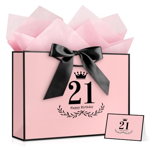 Image of JMANNI 21st Birthday Gift Bag, Pink with Black Satin Bow & Crown Design, Medium Happy 21st Birthday Present Bag for Party Favors, Size 12.60 inchx8.66 inchx4.33 inch