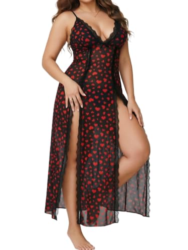 Image of Alrovetoney Plus Size Lingerie For Women Babydoll Sexy Mesh Maxi Nightdress Exotic Sleepwear Side Slits