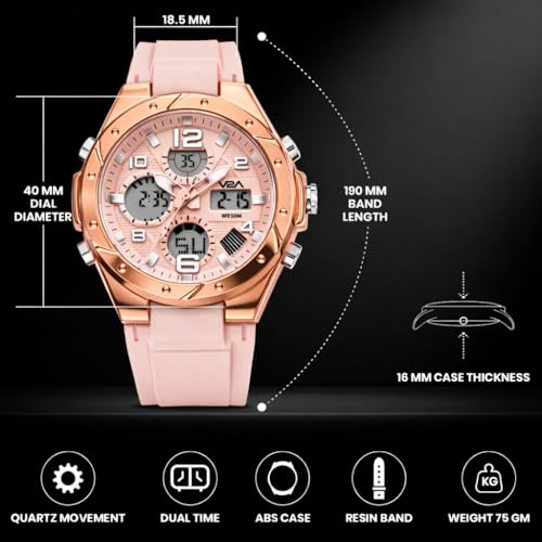 Image of V2A Aura Edge 40mm Analog Digital Watch for Women | Modern Everyday Style | Alarm Stopwatch Backlight Day Date | Comfortable TPU Strap | 50M Water Resistant | Gift for Ladies