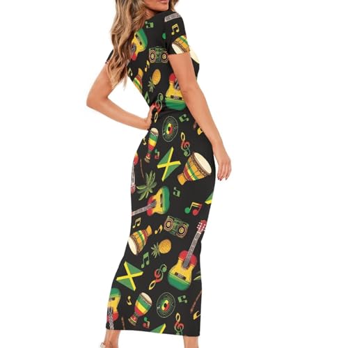 Image of Womens Short Sleeve Jamaican Flag Midi Bodycon Dress
