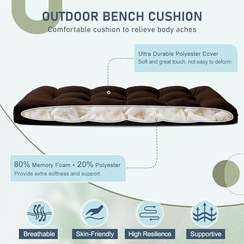 downluxe Outdoor Bench Cushion for Patio Furniture, Waterproof Tufted Overstuffed Porch Swing Cushions, Thick Outdoor Loveseat Cushions, 44" X 19" X 5", Brown, Set of 1 by downluxe - Image 2