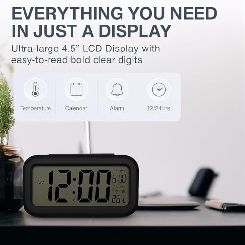 Image of HNY Digital Alarm Clock with Automatic Sensor, Date & Temperature Display, Compact LED Desk Table Clock for Students, Bedroom, Office, Living Room, Home Decor