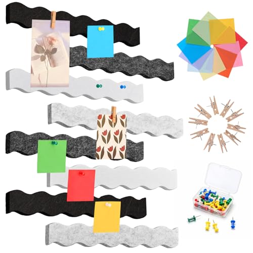 Marspark 8 Pack Waved Cork Bulletin Board Strips 12" x 2" Self Adhesive Felt Pin Boards with 50 Push Pins & 10 Wooden Clips Space Saving Wall Organizer for Home, School & Office(Black, White, Grey)