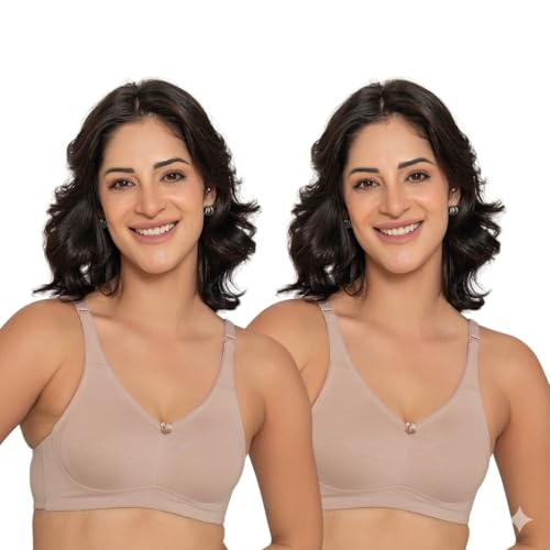 Image of INKURV Seamless Non-Padded Bra for Women | Non-Wired Cotton Full Coverage T-Shirt Bra | Thin Adjustable Straps | Double Layered Cups | Anti Sag Lift Up Support | Luna Combo of 2