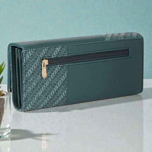 Image of Wallet for Women Girls Stylish Floral Faux Leather with Phone Space Coin Compartment Mobile Storage 4 Card Slots Holder Cash Zip Pockets Hand Clutch for Daily Use Ladies Long Purse (Green)