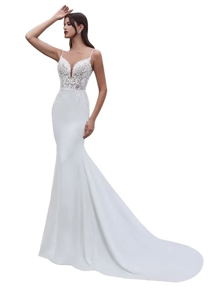 【服装】Simple Boho Wedding Dresses for Bride 2023礼服 Mermaid Lace Spaghetti Straps V Neck Beach Bridal Gowns