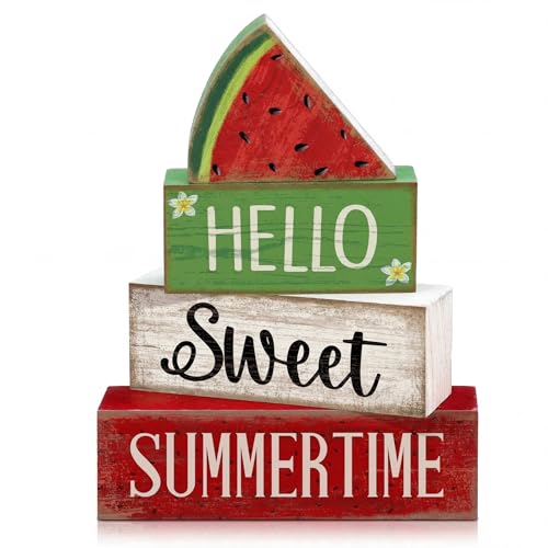 Image of Moucuny 4 Pcs Summer Wooden Table Decor Watermelon Tiered Tray Decor Farmhouse Table Decoration Hello Sweet Watermelon Book Block Summer Decoration for Home Office Kitchen Mantel Shelf