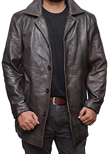 Men’s Black Military Type Lambskin Leather Trench Coat - Classic Button Closure Long Coat Style