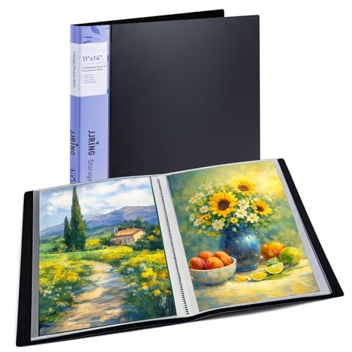 JJRING 11x14 Art Portfolio Folder with Plastic Sleeves, 24-Pocket Portfolio Binder Displaying 48 Pages, Presentation Book with Black Inner Paper for Artwork Storage, Black
