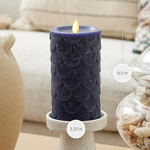 Image of Luminara Embossed Fish Scale Flameless LED Candle, Midnight Blue, 3.25 inch x 6.5 inch, Moving Flame Pillar, Battery Operated with Timer, Indoor