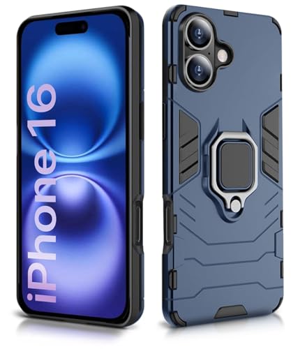 Image of WOW IMAGINE Shock Proof Back Case Mobile Cover for iPhone 16 | Back Cover Case (Tough Armor | Hybrid PC + TPU | Ring Holder & in-Built Kickstand | Blue)