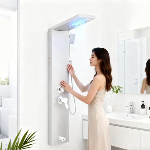 HARNART Système de Panneau de Douche avec 5 Modes,Tour de Panneau de Douche LED 2 Jets de Massage Corporel Bec de Baignoire Pomme de Douche à Main avec Tuyau...