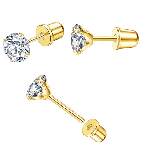 TupMi Threadless Flat Back Stud Earrings Hypoallergenic Titanium Surgical Steel Earrings 5MM CZ Push in Earrings Flat Back Handmade Jewelry for Women Girls Gold