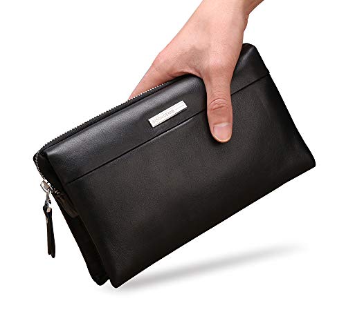BISON DENIM Mens Clutch Wallet Genuine Leather Clutch Handbag Credit Card Organizer Long
