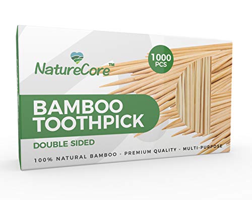 NEW NatureCore Bamboo Toothpicks Wooden - 1000 CT, Sturdy Safe Paper Box, 1 Box of 1000 PCS, Party Catering Appetizer Fruit Cocktail Dessert Barbecue Art Craft Teeth Cleaning