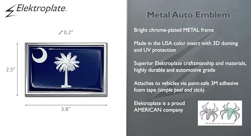 Image of Elektroplate Premium South Carolina SC State Flag with Palmetto Tree All Metal Chrome Emblem for Cars, Trucks, and All Auto | Universal Fit at 2.5 inch x 3.8 inch | Weatherproof