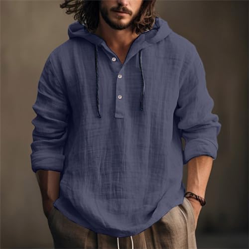 Linen Shirts for Men Lightweight Button Up Long Sleeve Shirts with Hood Loose Fit Breathable Boho Beach Linen Hoodie2