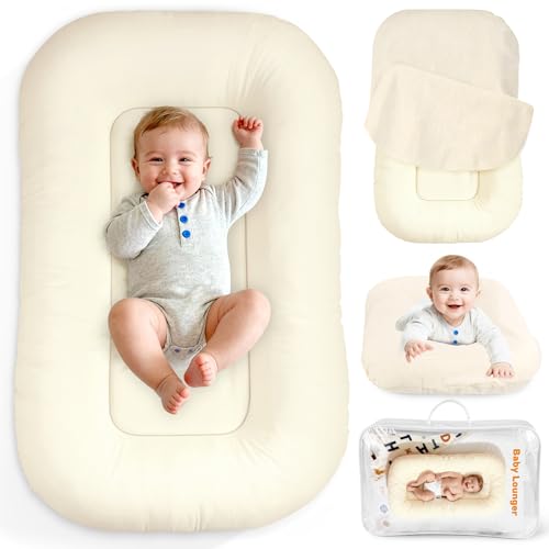 Idudbid Baby Lounger & Snuggle Nest for Newborn 0-24 Months, Baby Nest Supervised Breathable Cotton for Newborn, Breathable Portable Infant Lounnger for Travel and Home, White (Lounger Cover Included