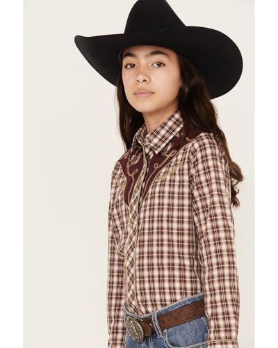 GIRLS LONG SLEEVE SNAP WINE CREAM TAN SMALL SCALE PLAID WESTERN SHIRT2