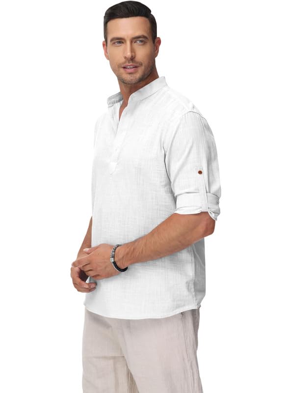 Image of Macsivo Men's Cotton Blend Solid Short Kurta with Regular Lenth Mandarin Collar Short Button Placket Rolled up and Full Sleeves Kurta for Men