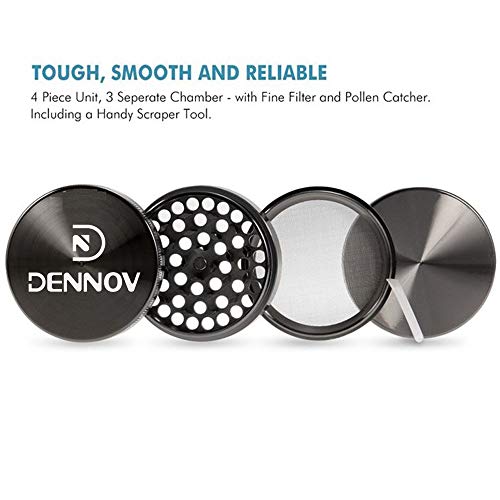 DENNOV Spice Herb Grinder, 4 Piece 2.2\", Premium Zinc Alloy- Ancient Silver