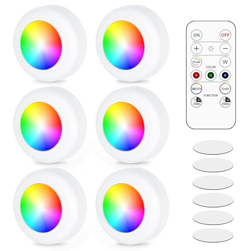 GBKDQQ 6 focos LED RGB, funciona con pilas, con mando a distancia, 16 colores de cambio de color, iluminación regulable, iluminación de vitrina, lámpara táctil LED, temporizador y función de memoria,