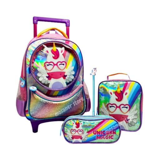 Kit Mochila Rodinhas Infantil Feminino Unicórnio Colorido + Lancheira + Estojo