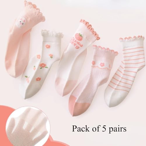 Cute Girls' Socks Cotton Thin Mesh for Summer, 5 Pairs Floral Strawberry Bear Short Crew Socks with Ruffle Trim2