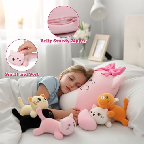 Cat with 5 babies Stuffed Animals - 15 Inch Cats Mommy with Small Babies Plush Inside 6-Piece Cute Realistic Cat Plushies Machine Wash Interactive Adopt Toy Toddler Girls Boys 0-8 Kids Birthdays Gift — view 4