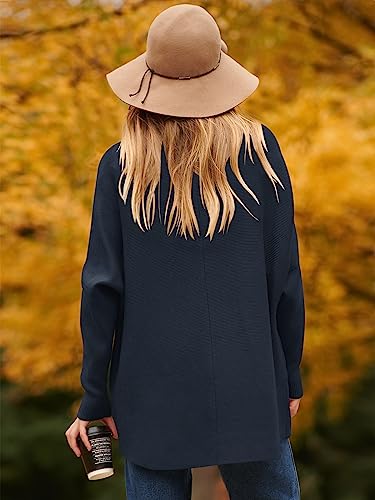 Image of ANRABESS Women's Sweaters Casual Long Sleeve Cowl Neck Solid Color Pullover Knit Sweater Tops A87zanglan-M Navy Blue
