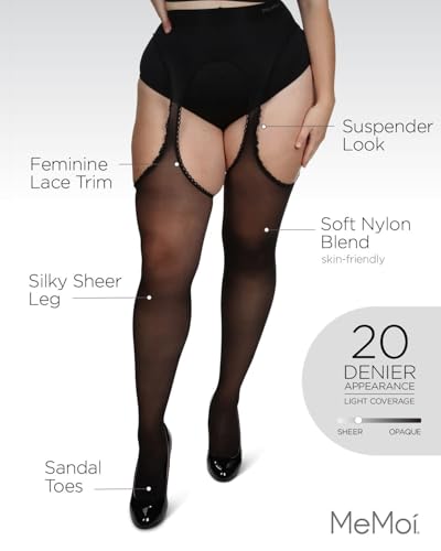 MeMoi Plus Size Curvy Suspender Lace Pantyhose, Control Top Pantyhose for Women, Lightweight Womens Stockings - Sizes 1X-7X3