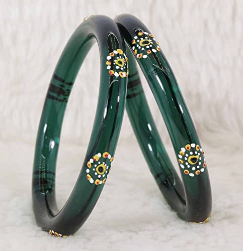Image of NMII Traditional Glass With Diamond Cutting Pattern Glossy Finished Stylish Kada Set For Women And Girls | Crystal Glass Kada Bangles Set For Wedding, Festive