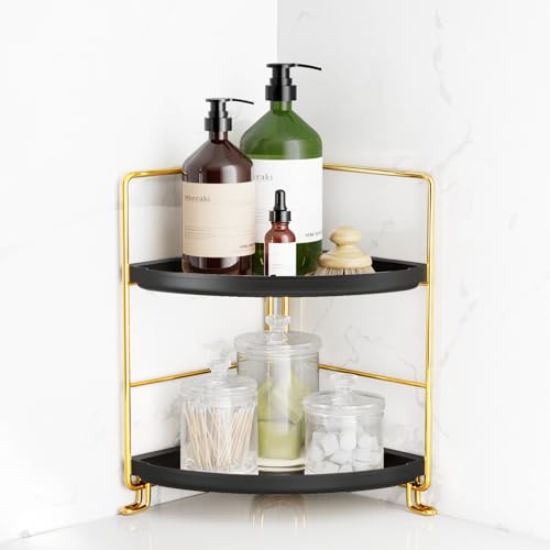 Image of FSyueyun 2-Tier Corner Bathroom Counter Organizer, Tool-Less Installation Vanity Shelf Small Plastics Countertop Makeup Tray Skincare Perfume Organizers (Gold & Black)