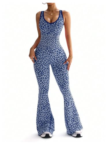 Image of Verdusa Women's Cheetah Print Workout Sets Yoga Jumpsuit Criss Cross Sleeveless Work Out Clothes Flared Pants Jumpsuits