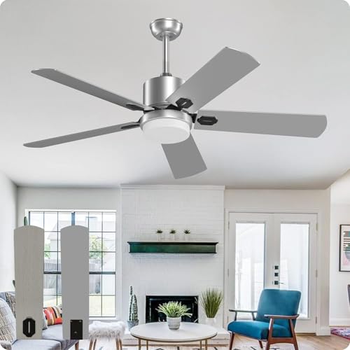 Biukis Ceiling Fan with Lights and Remote, 52 Inch Outdoor Ceiling fans 6 Speed Control Reversible DC Motor 5 Blades Fan for Patio Bedroom Living Room - Silver