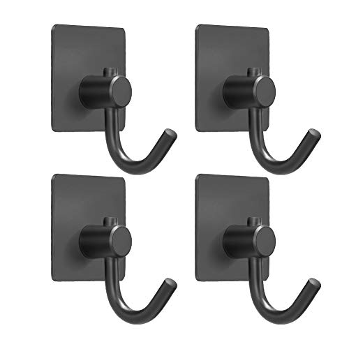 XIGOO Black Self Adhesive Wall Key Hook Bath Towel Hooks Stick on Wall Mount Hooks Hanging Robe Key Coat, Super Strong Heavy Duty Bathroom Kitchen Stainless Steel Hooks, 4 Pack