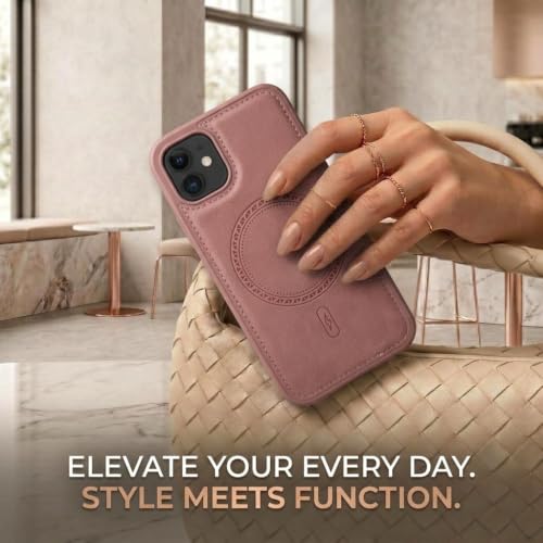 Image of amazon basics Premium PU Leather Case for iPhone 11, MagSafe Compatible Magnetic Ring, Sleek Protective Back Cover - [Pink]