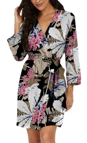 PrinStory Bademantel Damen Kurz V-Ausschnitt 3/4 Ärmeln Morgenmantel Leichter Kimono Robe Lässig Knielang Loungewear (Großes Blatt Rosa, M)