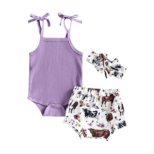 Image of Western Baby Girl Clothes Newborn Infant Girl Strap Tank Romper Top and Cow Print Shorts Set Summer Outfit (Cow Purple, 3-6 Months)