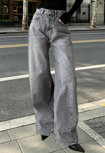 Image of Women's Straight Leg Jeans High Waisted Wide Leg Stretchy Baggy Denim Pants