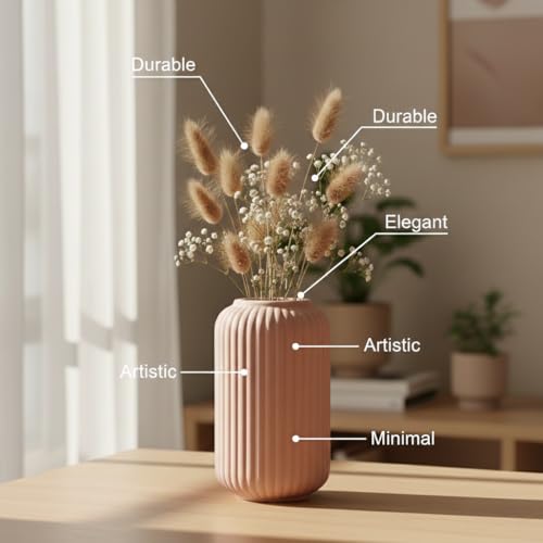 Image of PUREZENTO Pink Ribbed Texture Ceramic Vase - 6 Inch | Vases for Centerpiece Home Decor, Living Room & Bedroom | Vase for Pampas Grass, Dried & Artificial Flowers