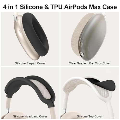 Image of [4 in 1] Silicone Case Cover for AirPods Max, Clear Gradient Soft TPU Ear Cups Cover /Ear Pad Case Cover /Headband Cover Transparent Accessories for Apple AirPods Max (2024 /2020)(USB-C /Lightning), Black