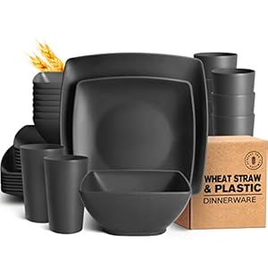 Teivio 32-piece Plastic Wheat Straw Square Dinnerware Set for 8, Unbreakable Dinner Plates, Salad Plates, Snack Bowls, Tumblers, Dishwasher Safe, Black