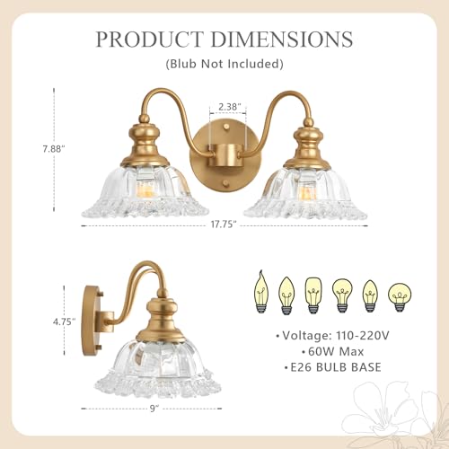 Image of 2 Lights Gold Vintage Bathroom Vanity Light Fixture Over Mirror | Floral Transparent Glass Shades,Antique Wall Sconces,Wall Mount Up or Down, E26 Socket, Hardwired, 120V
