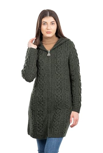 Image of SAOL 100% Merino Wool Aran Irish Cardigan for Women with Pockets, Hood and Celtic Zipper