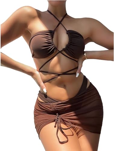 Women's 3 Piece Criss Cross Halter Bikini Set Sexy Cutout Wrap Strappy Swimsuit with Drawstring Mesh Beach Cover Up Skirt