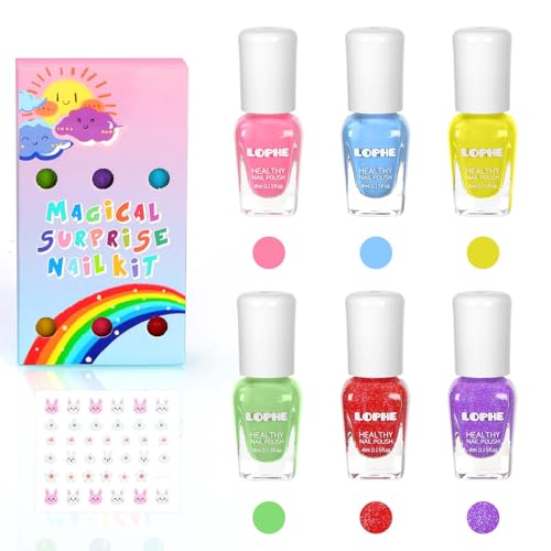 LOPHE Pintauñas Niñas, 6 Pcs Pintauñas Semipermanentes con Pegatinas, Esmalte Uñas para Niño Brillantes y Opacos para Niñas y Niños de 3 Años en Adelante, Perfecto para Fiestas, 4ML