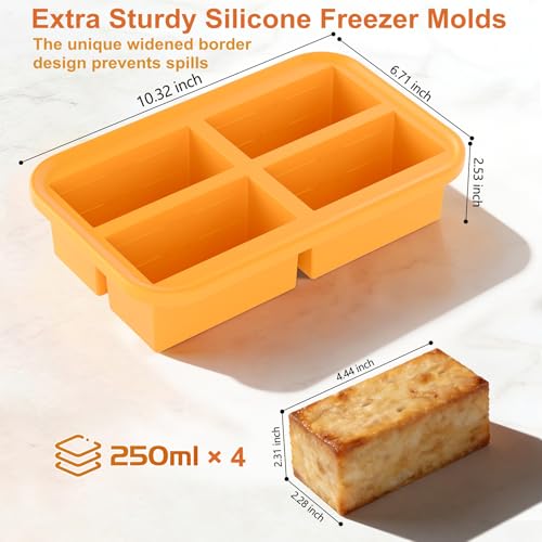 Bangp 1-Cup Silicone Freezing Trays with Lid,2 Pack,Easy-Release Silicone Freezer Molds for Soup Ice Cubes,Soup Freezer Molds,Freeze & Store Broth,Sauce,Leftovers - Makes 8 Perfect 1 Cup Portions