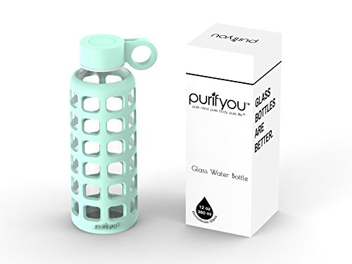 purifyou 40oz / 32oz / 22oz / 12oz Borosilicate Glass Water Bottle with Time & Volume Markers, Silicone Sleeve, Stainless Steel Lid | Reusable Glass Bottle for Water & Juice (32oz Glow-in-the-Dark)